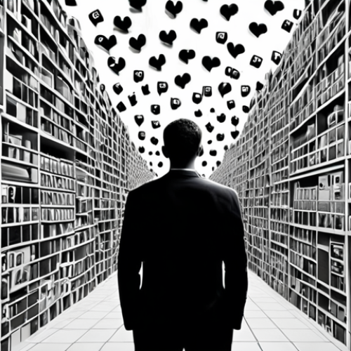 **

Selective attention concept. A person is overwhelmed by an abundance of information (social media icons, news articles), but focuses on a single, important task represented by a clean, minimalist icon or image. The overall style is clean, modern, and slightly surreal, emphasizing the contrast between chaos and focus.

**