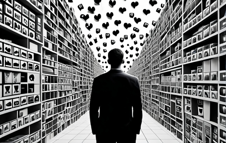 **
Selective attention concept. A person is overwhelmed by an abundance of information (social media icons, news articles), but focuses on a single, important task represented by a clean, minimalist icon or image. The overall style is clean, modern, and slightly surreal, emphasizing the contrast between chaos and focus.
**